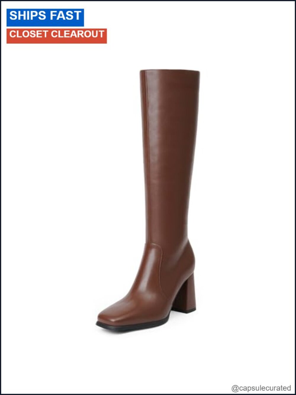 Womens Faux Leather Square Toe Chunky Heel Knee High Boots Go Go Zip
